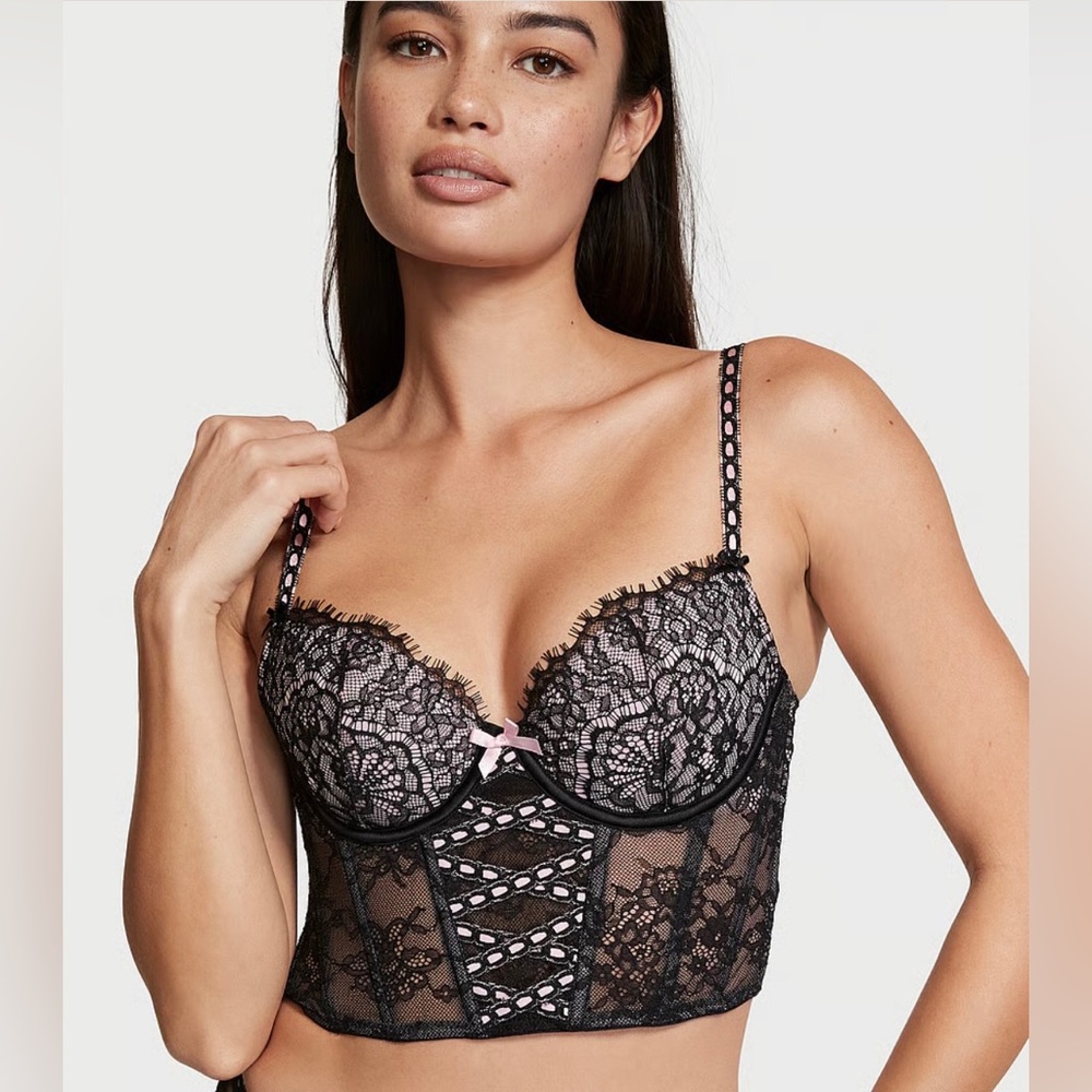 Victoria Secret Corset Floral Lace Bra Top 34DD Dream Angeles Ribbon Slot NWT$85